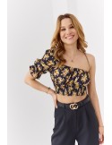 Crop top floral asimetric, negru si galben 020520 - Magazin online - Boutique